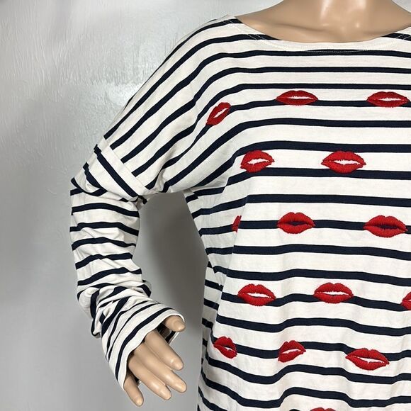 ❤️Last Chance J.Crew Cotton Embroidered Lips Striped Long Sleeve Tee Top Size M - Picture 3 of 9